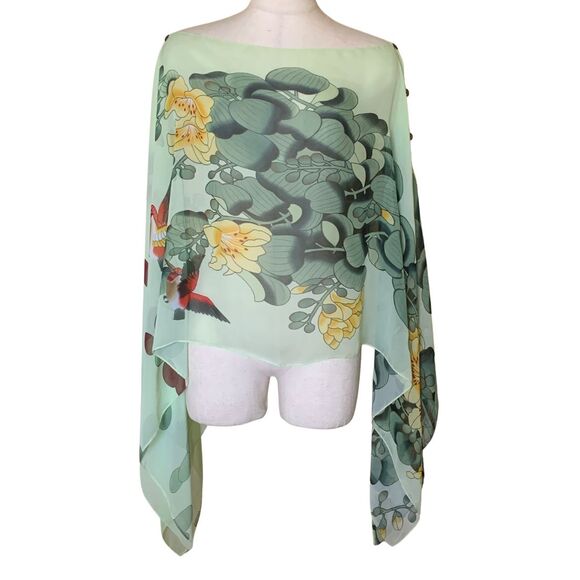 Green Floral Sheer Kaftan Poncho Top Lightweight Summer Cover Up One Size - Picture 8 of 11